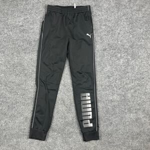 Puma Track Pants Youth L Black Jogger Style Logo Print Tapered Fit Athletic